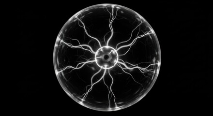 Poster - A plasma ball with electrical discharges emanating from the center in a black background view shot