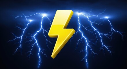 Poster - A yellow lightning bolt symbol against a background of blue lightning strikes and dark blue sky