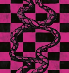 Poster - A seamless pattern of dark pink and black plaid with swirly shapes.