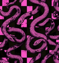 Poster - A seamless pattern of dark pink and black plaid with swirly shapes.