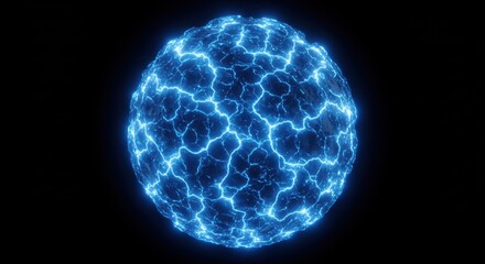 Poster - A glowing blue sphere with lightning-like patterns against a dark black background in a studio shot