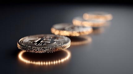 Poster - Digital currency coins aligned reflecting light on a minimalistic surface