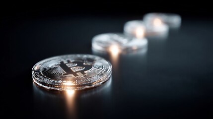 Poster - Illuminating the Digital Future: A Row of Bitcoin Coins on a Black Surface