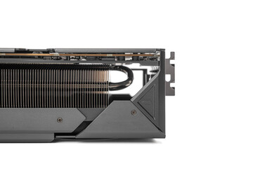 Poster - A close-up side view of a high-performance graphics card showcasing its intricate heatsink and heat pipe cooling system for efficient thermal management.