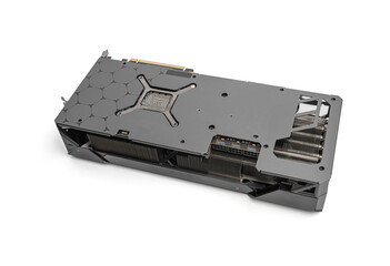 Poster - A high-end graphics card featuring a triple-fan cooling system and a robust heatsink design for optimal performance in gaming and professional applications.