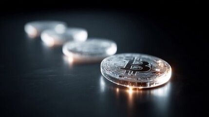 Poster - A line of shiny silver bitcoin coins on a dark background showcasing cryptocurrency
