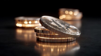 Poster - Golden Bitcoin coins illuminated on dark surface, symbolizing financial innovation