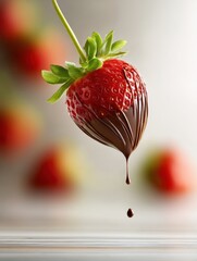 Poster - Chocolate Dipped Strawberry Floating in Mid-Air With a Blurred Background of More Strawberries