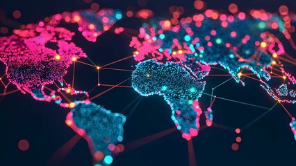 Poster - World map of interconnected network. Glowing points across continents illustrate a global network, representing digital connections and data flow around the world.