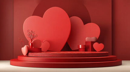Poster - bokeh hearts on red background, love background red heart shapes texture pattern