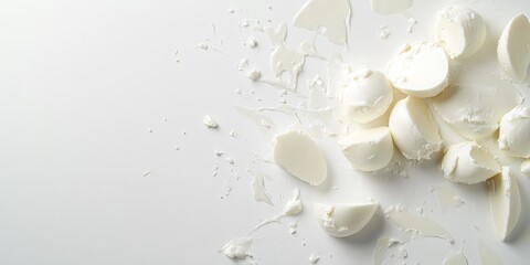 Aufkleber - A clean and minimalistic image of white pieces scattered on a light background. This photograph captures the simplicity of design. Ideal for culinary or product presentations. AI