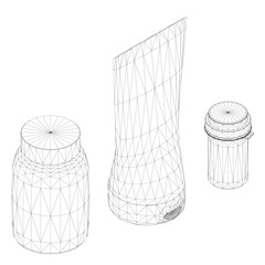 Poster - Three bottles of different sizes are shown in a white background. The bottles are placed in a row, with the largest one on the left and the smallest one on the right. Isometric view