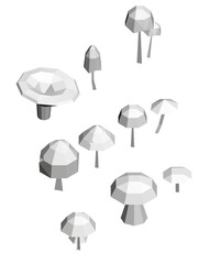 Poster - A bunch of mushrooms are shown in a white background. The mushrooms are all different sizes and shapes, and they are scattered throughout the image. Isometric view. 3D