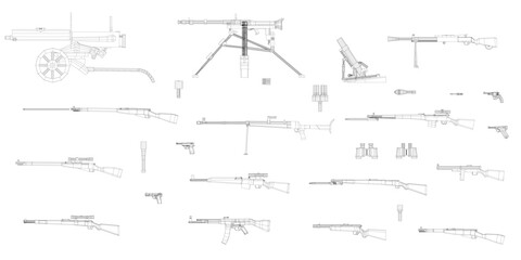 Poster - A series of black and white drawings of guns and other weapons. The drawings are all different sizes and shapes, but they all have a similar theme. Scene is somewhat ominous and dark