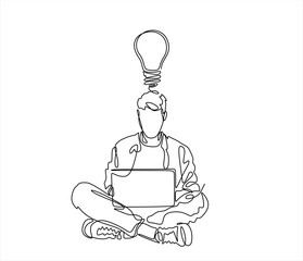 Aufkleber - Cartoon of businessman thinking on productive ideas sitting at laptop. One line art style. Editable stroke