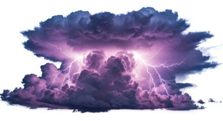 Poster - A dramatic storm cloud with purple hues and lightning strikes on a white isolated background view image