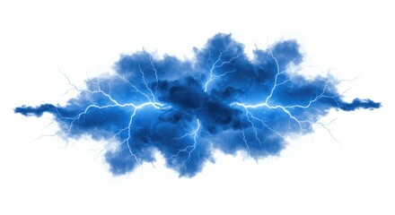 Poster - An isolated image showing a blue cloud with lightning strikes on a white background in a horizontal format