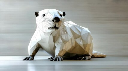 Poster - Geometric cat sculpture on wooden floor surrounded by unique shapes and artistic elements