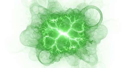 Poster - A green energy ball with lightning strikes and smoke on a white background in a square format