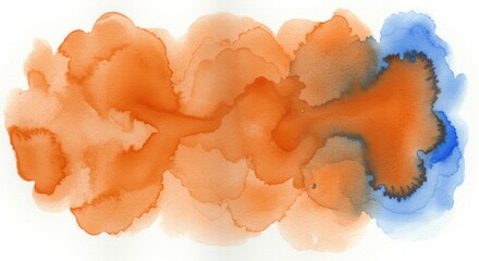 Poster - Watercolor abstract painting featuring orange and blue hues with fluid and organic shapes on white paper