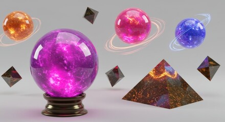 Poster - A collection of mystical objects including spheres pyramids and octahedrons on a light gray background