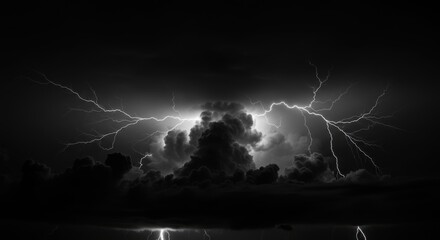 Poster - A monochrome image of lightning strikes illuminating a dark sky filled with stormy clouds above