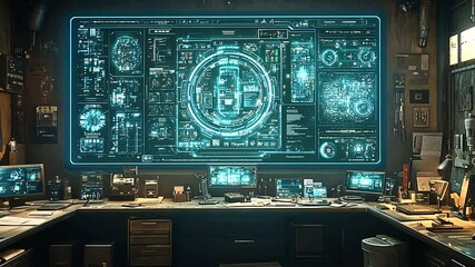 Futuristic control room, data analysis, digital display