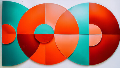 Poster - Abstract image of geometric shapes. Circles and semicircles are in orange, red and turquoise colors. The composition forms a balanced and symmetrical design. Modern and minimal style.