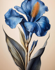 Poster - Blue flower with orange center. Close up of delicate petals. Elegant botanical drawing with leaves and stem. Beautiful floral bloom. Detailed engraving of plant. Gentle blossom illustration.