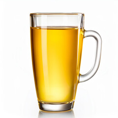 Aufkleber - Glass cup with golden liquid inside on white background. Refreshing drink in simple glass. Yellow beverage in clear mug. Light colored liquid fills container with handle.