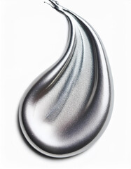 Poster - Silver liquid drop against white background. Metallic shiny texture. Chrome liquid element. Blob of metal paint. Reflective and bright surface. Abstract design element.