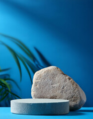 Aufkleber - Stone podium display. Round shape platform with rock on blue studio background. Natural light shining on minimal product showcase presentation. Modern art scene with plant shadows.