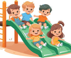 Happy kids sliding on slider equipment at playground. Toddlers group playing outdoors. Kindergarten children during fun, amusement, entertainment. Flat vector illustration isolated on white background