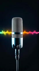 Poster - Vintage silver microphone standing against black background with undulating sound waves visualizing audio recording process and communication technology