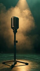 Poster - Vintage microphone standing on darkened stage, surrounded by swirling smoke beneath dramatic spotlight, creating intense anticipation for upcoming music or comedy performance