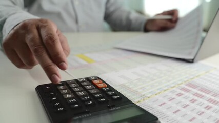Poster - Businessman calculating balance prepare tax  uses a laptop and calculator to inspect financial reports, plan budgets, manage income, and track expenses				