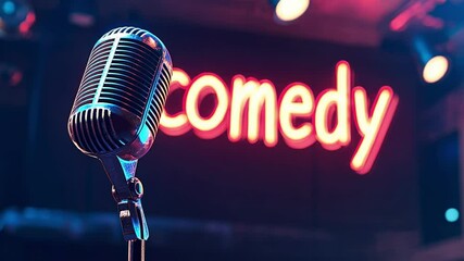 Poster - Back view of male comedian wearing casual clothes and a beanie, singing into microphone on a brightly lit stage in front of a blurred audience