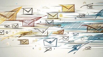 Fototapete - Dynamic Flow of Stylized Email Icons and Communication Lines Representing Digital Connectivity in Modern Communication Channels