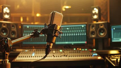 Poster - Sound waves pulsing in red and blue hues surrounding professional microphone, visualizing dynamic music recording process with abstract sonic energy and creative audio design