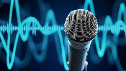 Poster - Professional studio microphone capturing audio content with vibrant digital sound wave visualization, representing recording process for song, podcast, or voiceover performance
