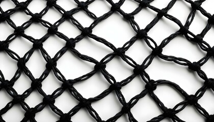 A close-up of a black net with a diamond pattern set against a stark white background.