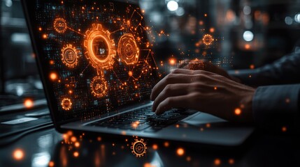 Poster - Person types on a laptop with glowing orange gear graphics overlayed on screen.