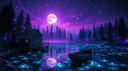 Aufkleber - moonlit lakeside cabin: serene night scene with cozy wooden retreat, full moon glow & tranquil water