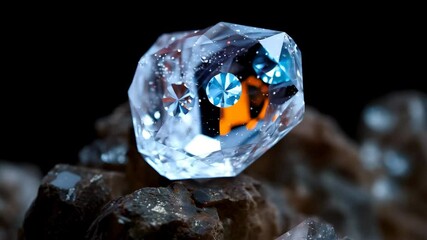 Poster - Sparkling diamond elegantly resting on a rugged pile of natural rocks in natural light setting