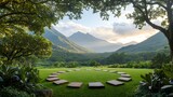 Green lawn with stepping stones circle, lush trees frame mountain view