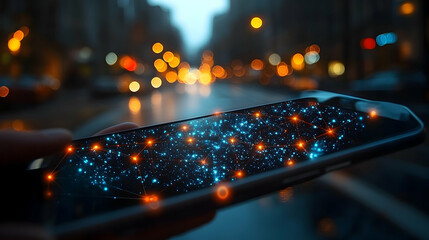Poster - Smartphone display network technology graphic night city