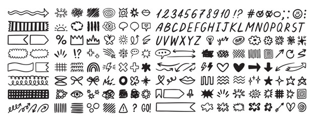 Poster - Scribble doodle elements set, paint underline children marker scratch, vector pen squiggle kit collection. Kids hand drawn abstract sketch, alphabet, texture, icons, heart.