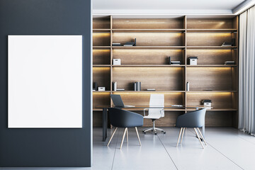 Poster - Vertical empty poster mockup on dark wall in modern luxury office with wooden shelves, glass desk, and elegant workplace interior design. 3D Rendering