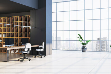 Poster - Modern office interior with large windows, minimalist desks, chairs, and city view in background showing corporate workspace environment. 3D Rendering
