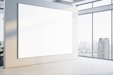Aufkleber - Large blank canvas mockup on interior office wall with city view through glass windows in bright modern corporate workspace setting. 3D Rendering